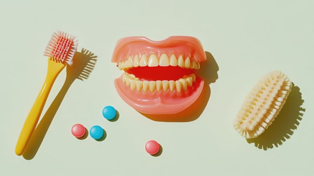 A picture of dentures and cleaning implements.